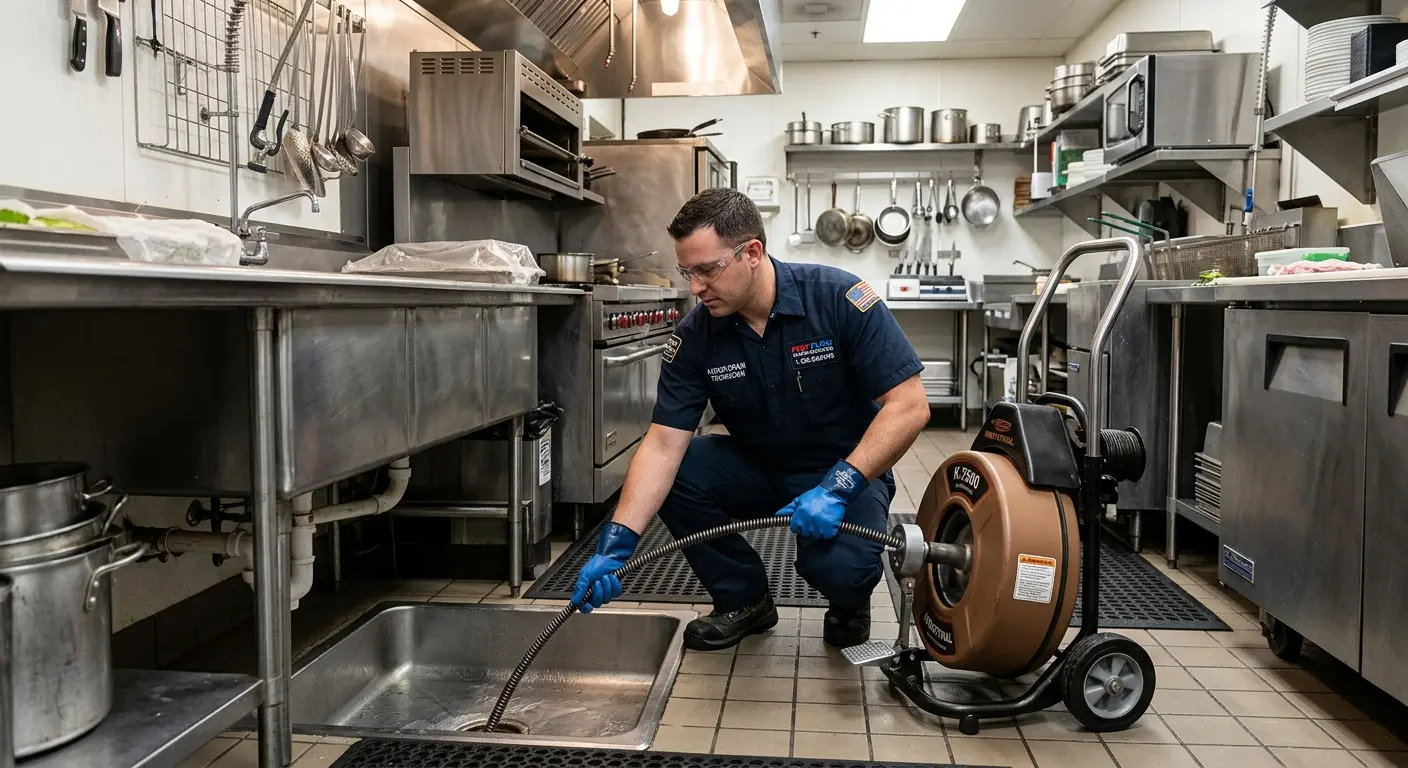 Commercial drain cleaning service in a restaurant kitchen in Plumas Lake