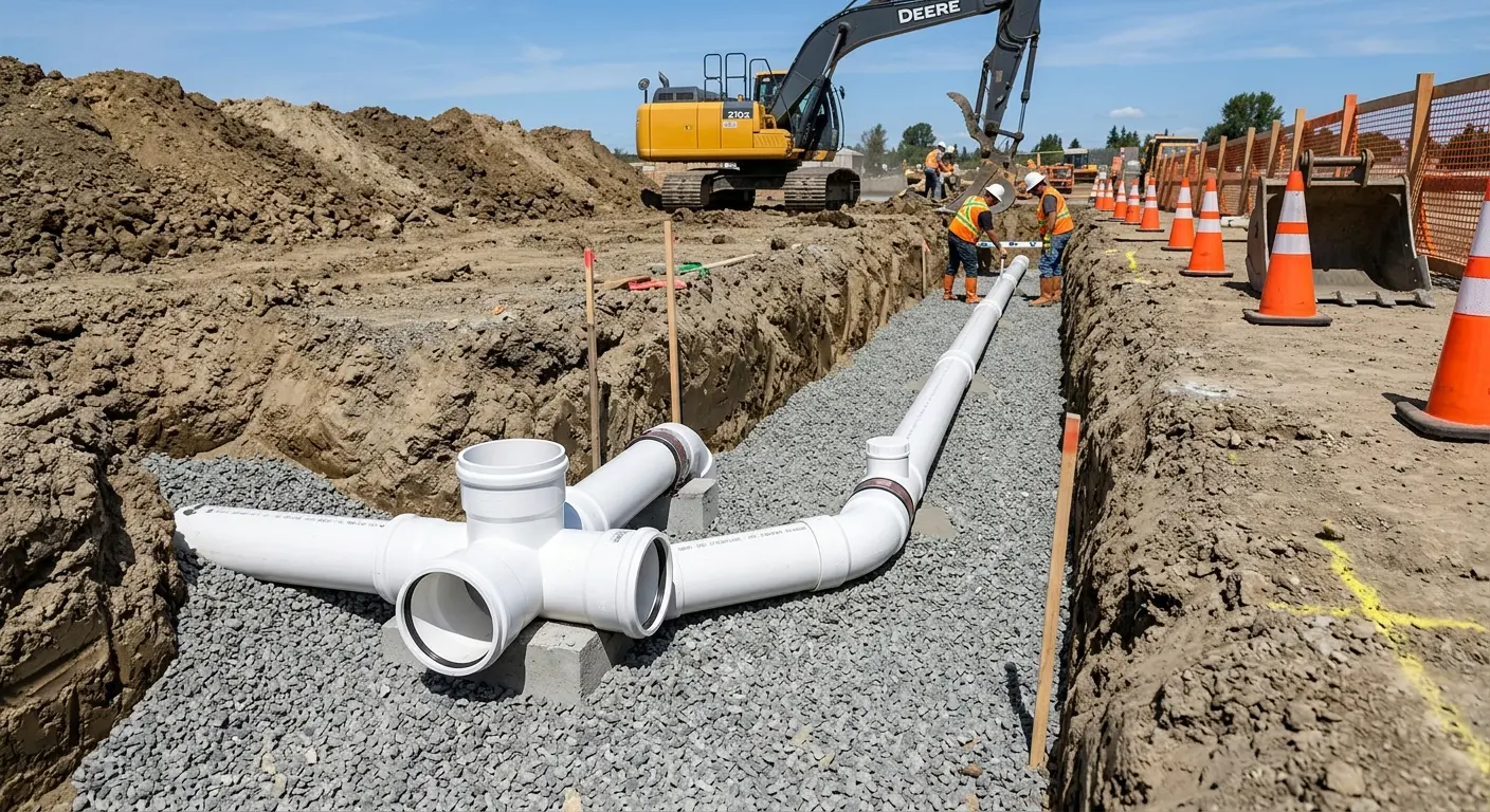 New PVC sewer pipe installation in open trench for Sewer Backup in Plumas Lake