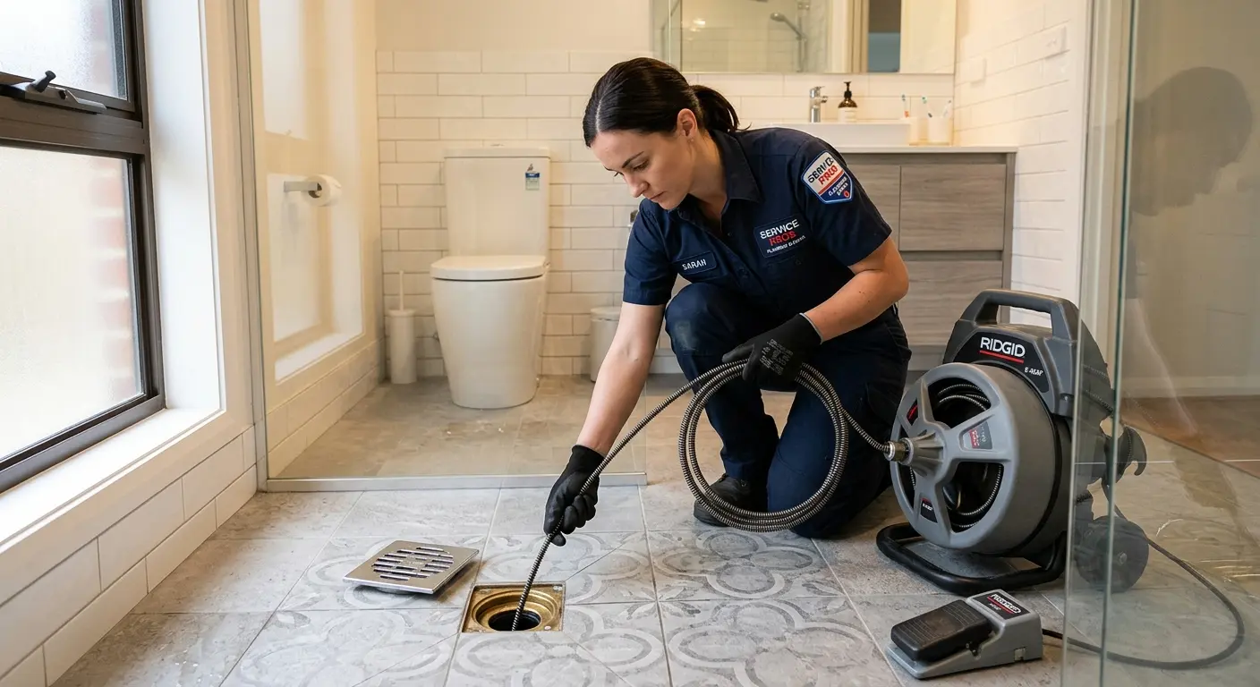 Technician clearing a bathroom floor drain for Drain Repair in Plumas Lake